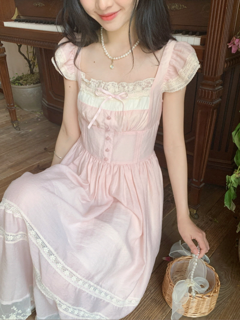 French Vintage Fairy Lace Bow Pink Dress