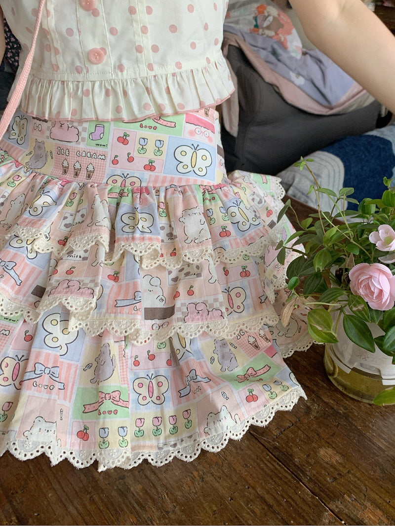 Sweet Dot Top Patchwork Cake Skirt Two-piece Set