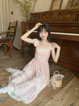 French Vintage Fairy Lace Bow Pink Dress