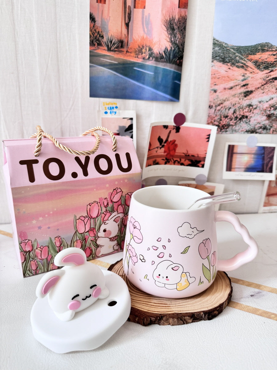 Pink Rabbit Straw Ceramic Mug With Lid Gift Set