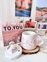 Pink Rabbit Straw Ceramic Mug With Lid Gift Set