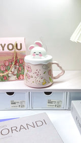 Pink Rabbit Straw Ceramic Mug With Lid Gift Set