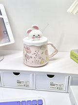 Pink Rabbit Straw Ceramic Mug With Lid Gift Set