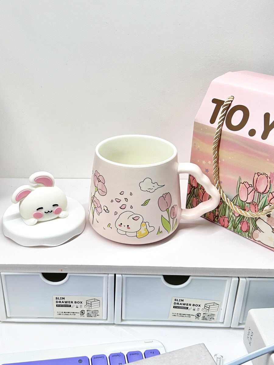 Pink Rabbit Straw Ceramic Mug With Lid Gift Set