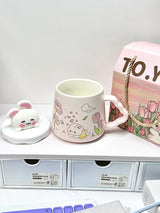 Pink Rabbit Straw Ceramic Mug With Lid Gift Set