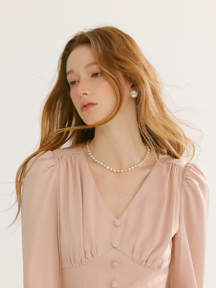 Romantic Pearl Button V-Neck Long Dress