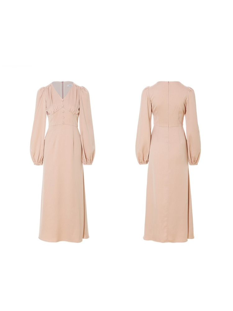 Romantic Pearl Button V-Neck Long Dress