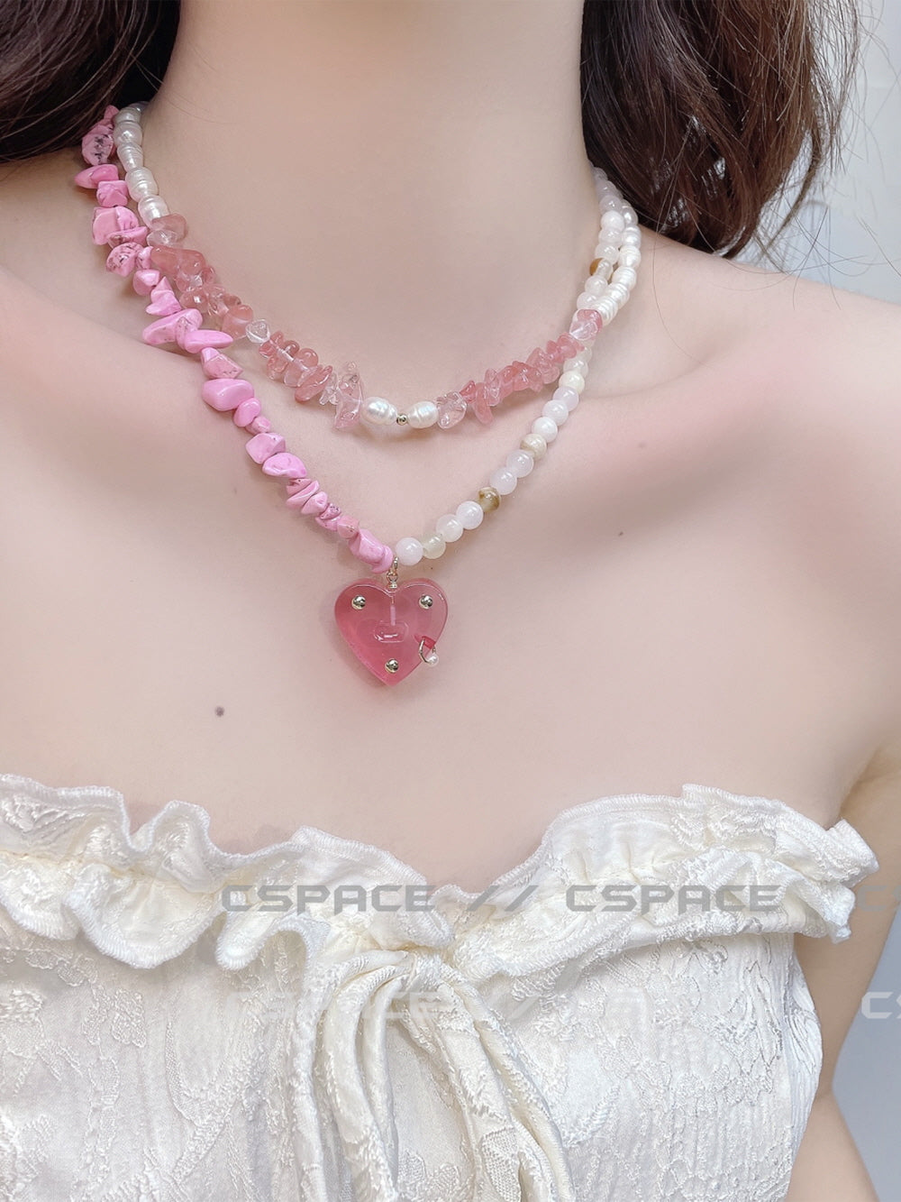 Y2K Choker Beaded Necklace Pearl Heart Barbie Pink Jewelry