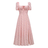Puff Sleeve Floral Slit Long Dress