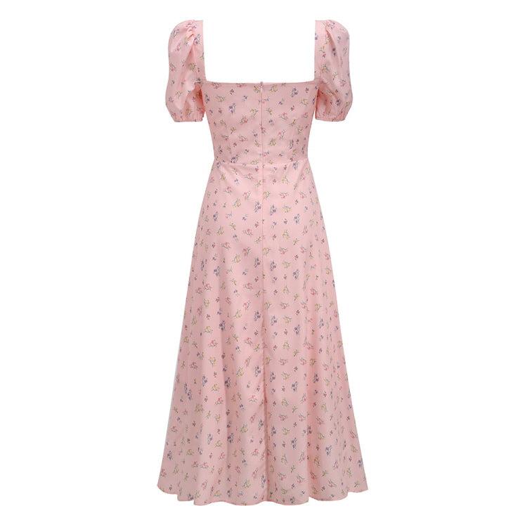 Puff Sleeve Floral Slit Long Dress