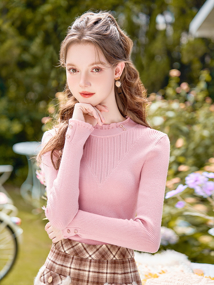 Elegant Ruffle-Trimmed Ribbed Knit Top