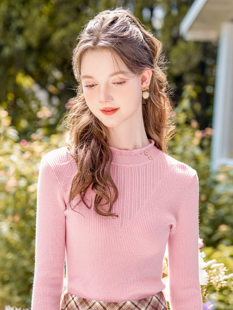 Elegant Ruffle-Trimmed Ribbed Knit Top