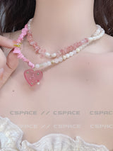 Y2K Choker Beaded Necklace Pearl Heart Barbie Pink Jewelry