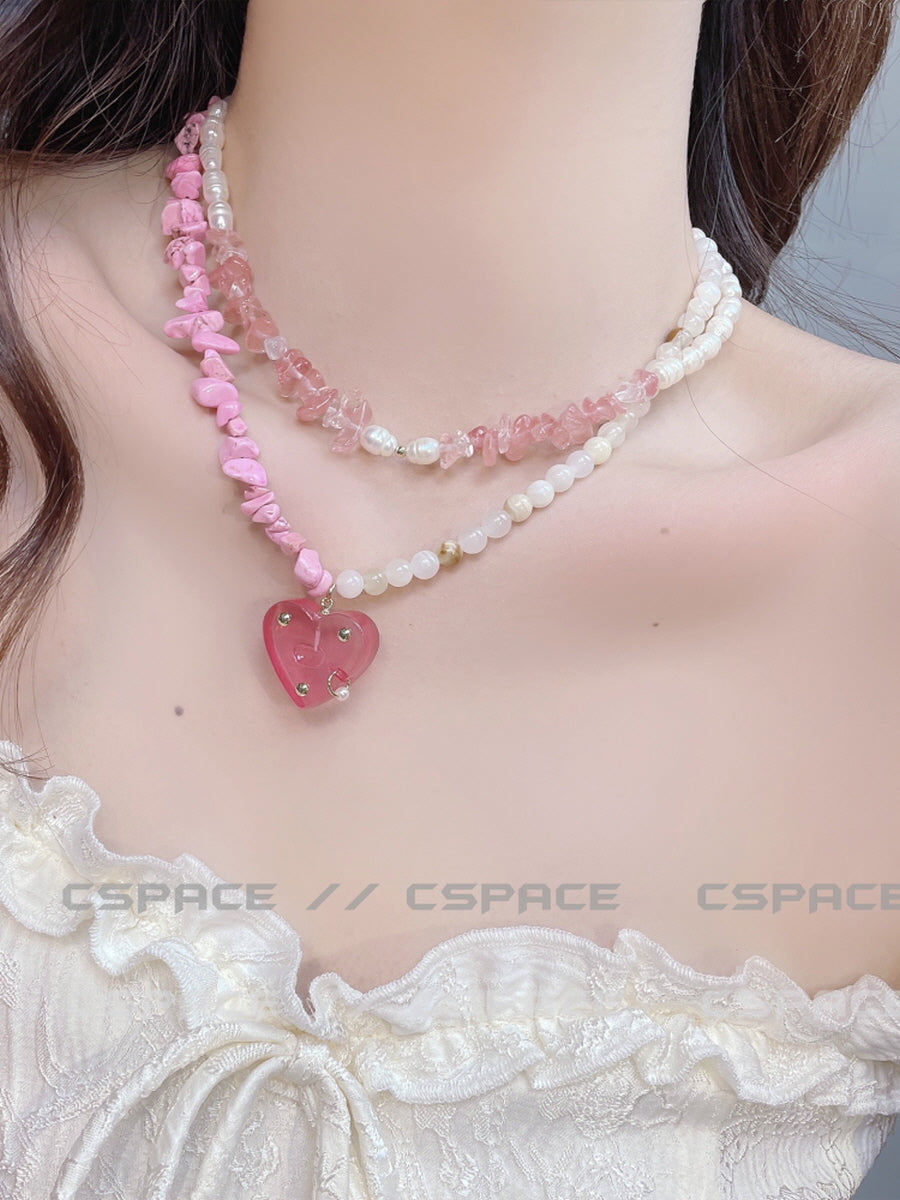 Y2K Choker Beaded Necklace Pearl Heart Barbie Pink Jewelry