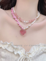 Y2K Choker Beaded Necklace Pearl Heart Barbie Pink Jewelry