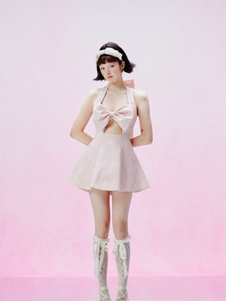 Dreamy Pink Bow Halter Dress