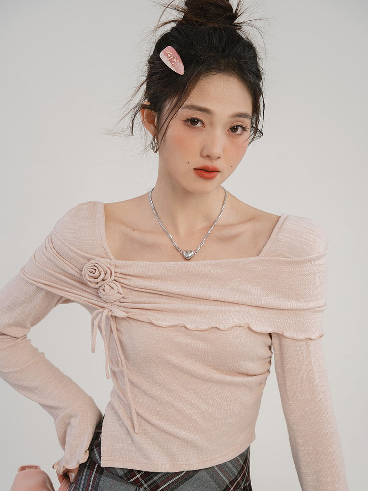 Rosette Off-Shoulder Flare Knit Top