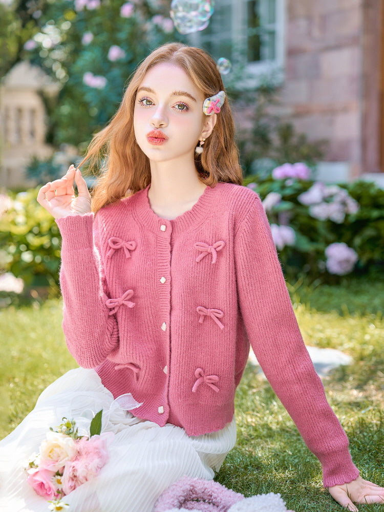 Romantic Ribbon Shell Button Knit Cardigan