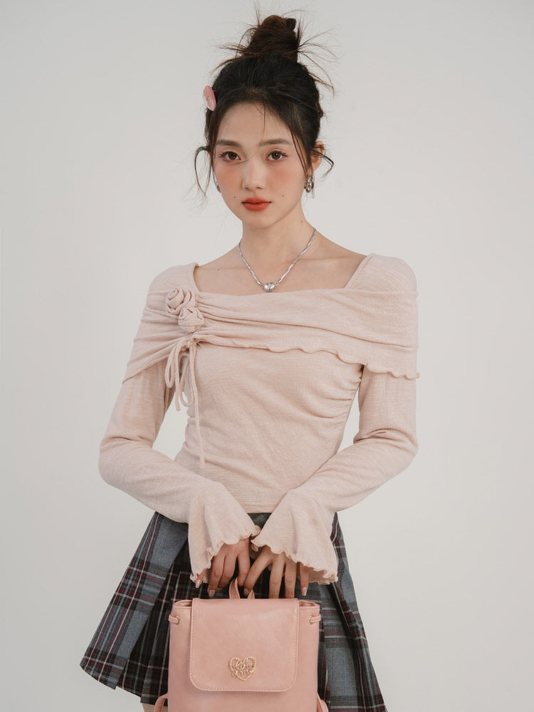 Rosette Off-Shoulder Flare Knit Top