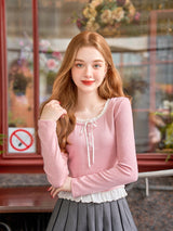 Frill Lace Ribbon Knit Top