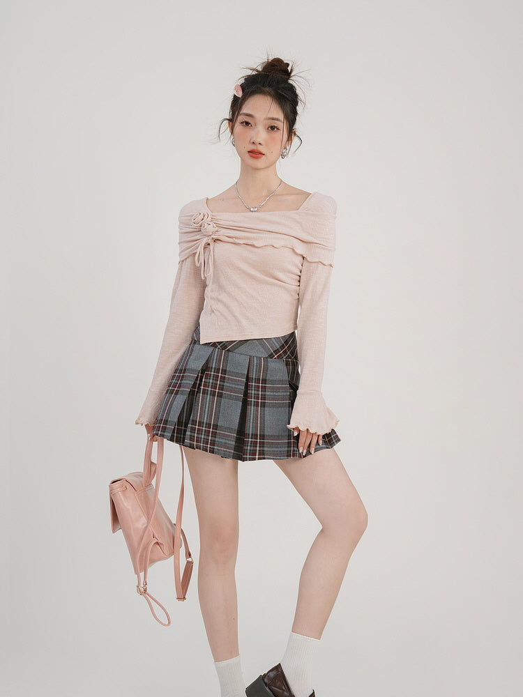 Rosette Off-Shoulder Flare Knit Top