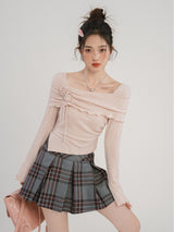Rosette Off-Shoulder Flare Knit Top