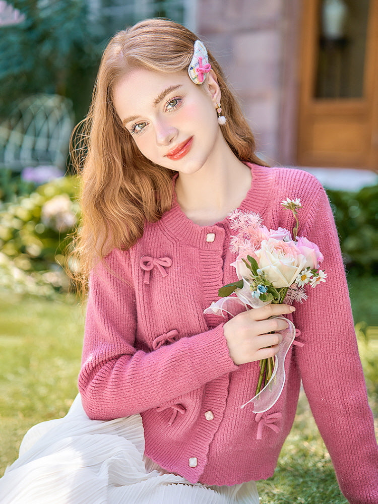 Romantic Ribbon Shell Button Knit Cardigan