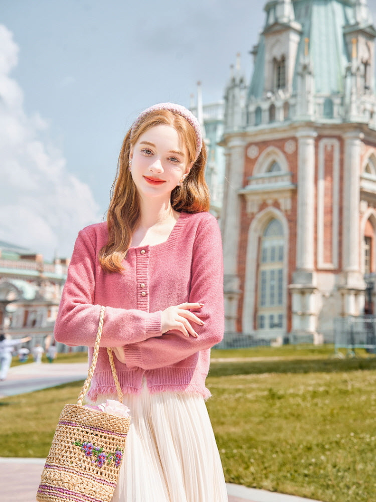 Gradient Pink Frayed Hem Cardigan