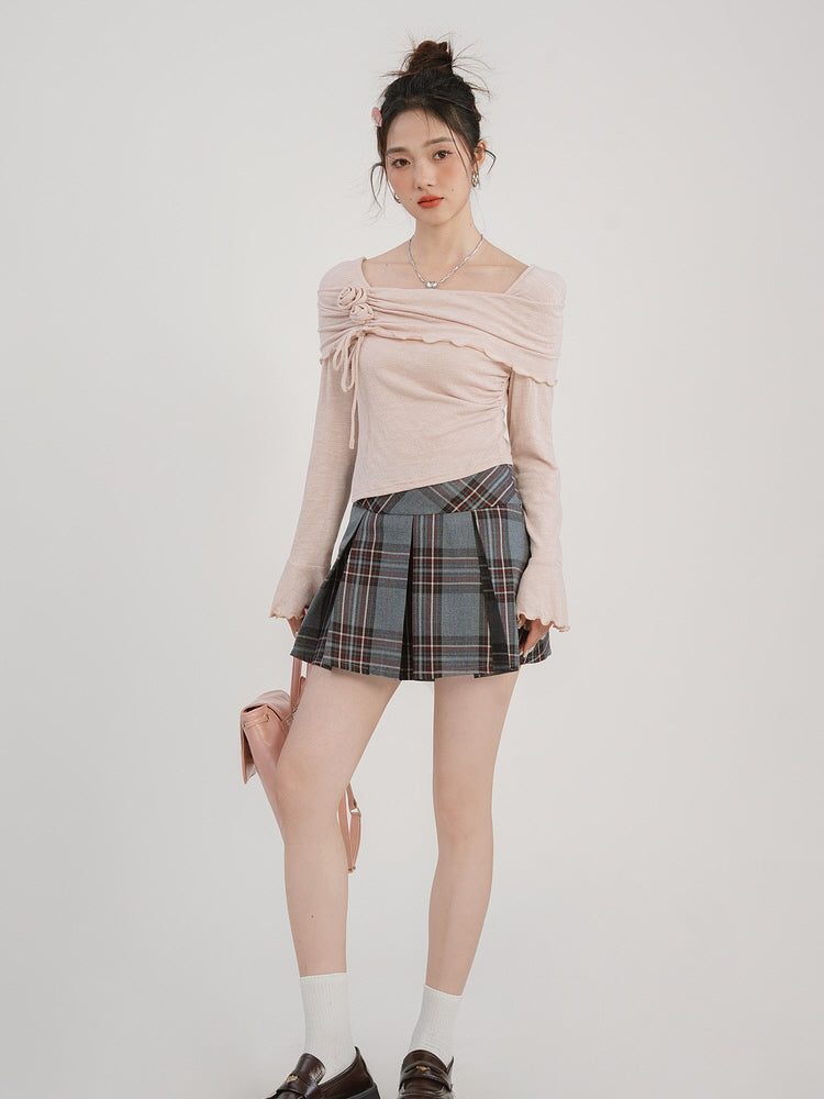 Rosette Off-Shoulder Flare Knit Top