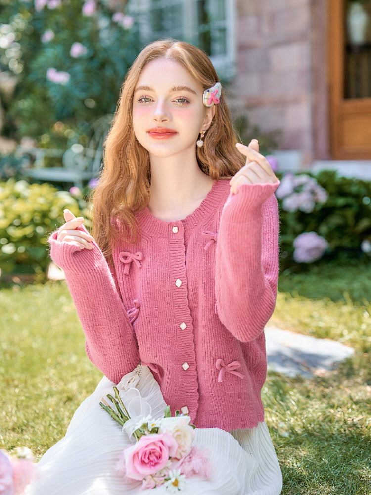 Romantic Ribbon Shell Button Knit Cardigan