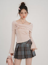 Rosette Off-Shoulder Flare Knit Top