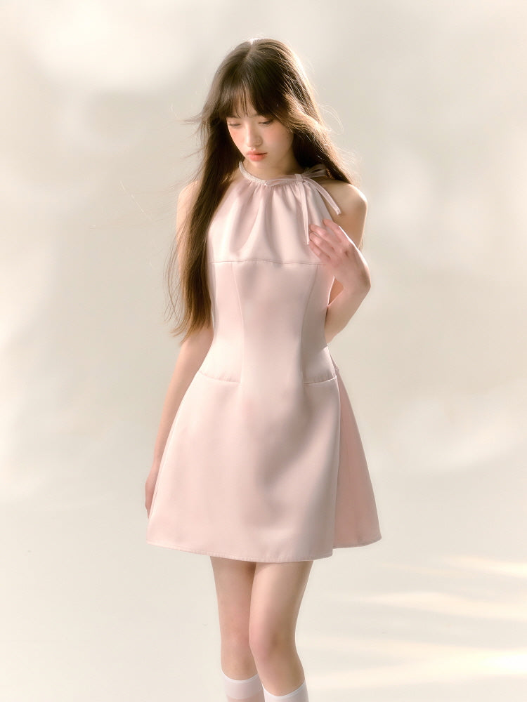 Blush Satin Halter Mini Dress
