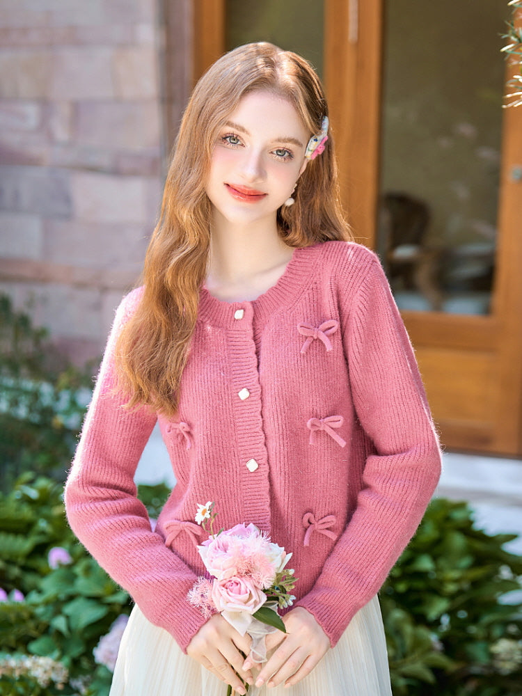 Romantic Ribbon Shell Button Knit Cardigan