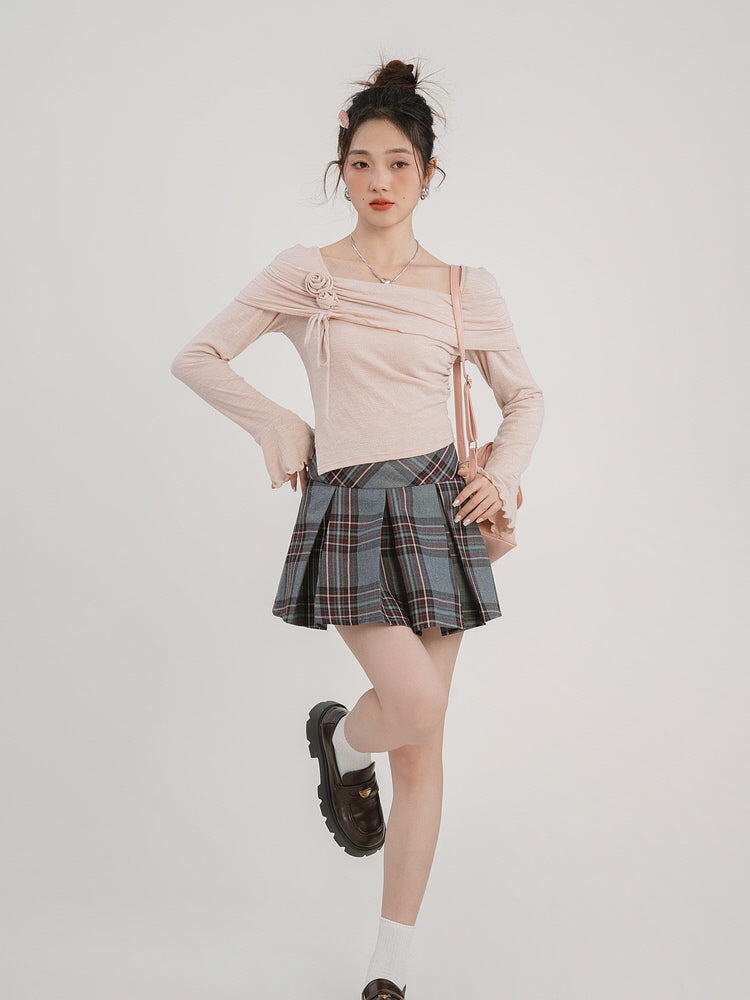 Rosette Off-Shoulder Flare Knit Top
