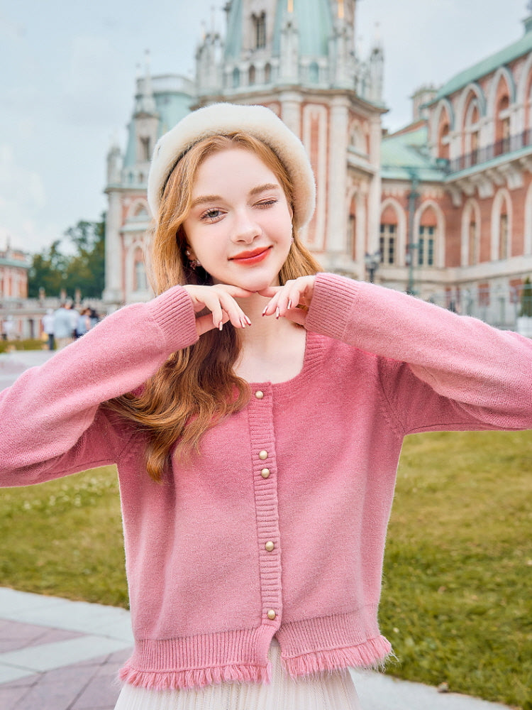 Gradient Pink Frayed Hem Cardigan