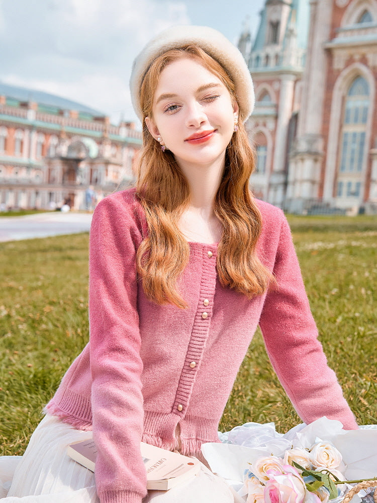 Gradient Pink Frayed Hem Cardigan