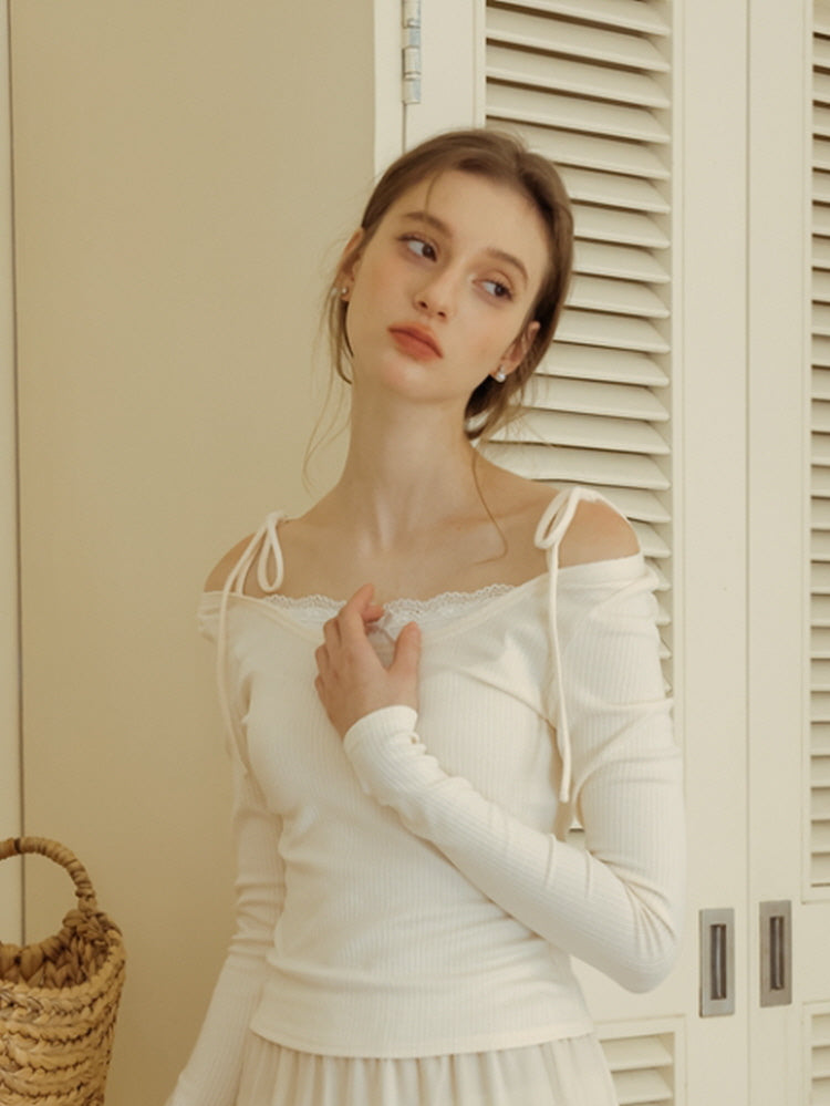 Lace Ribbon Off-Shoulder Knit Top