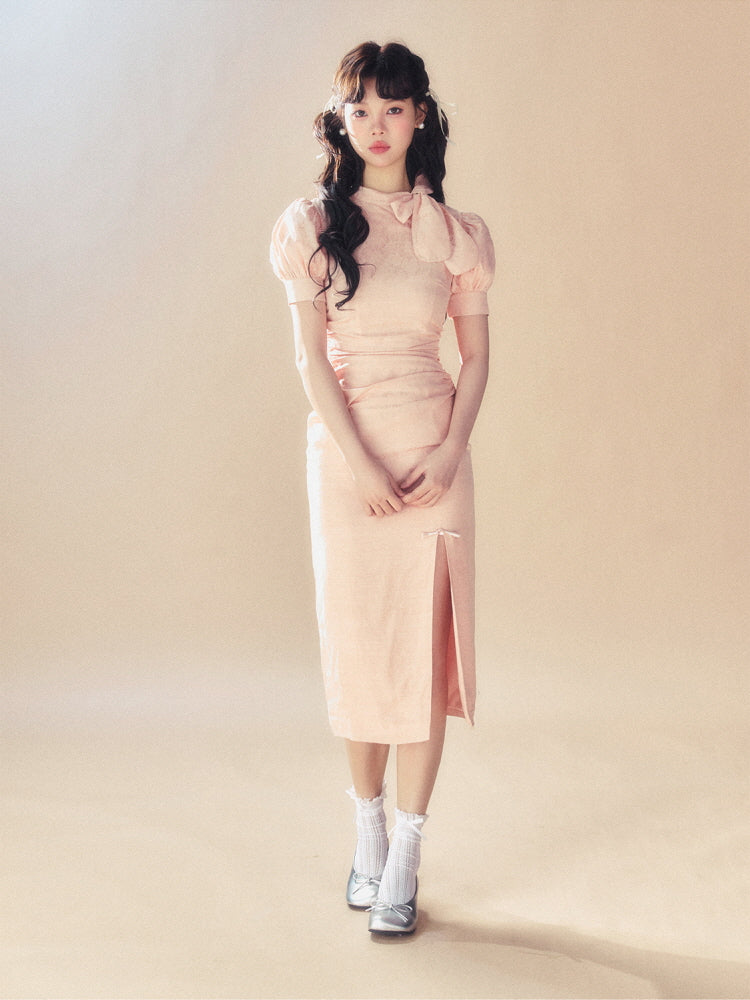 Vintage Bow Puff Sleeve Dress