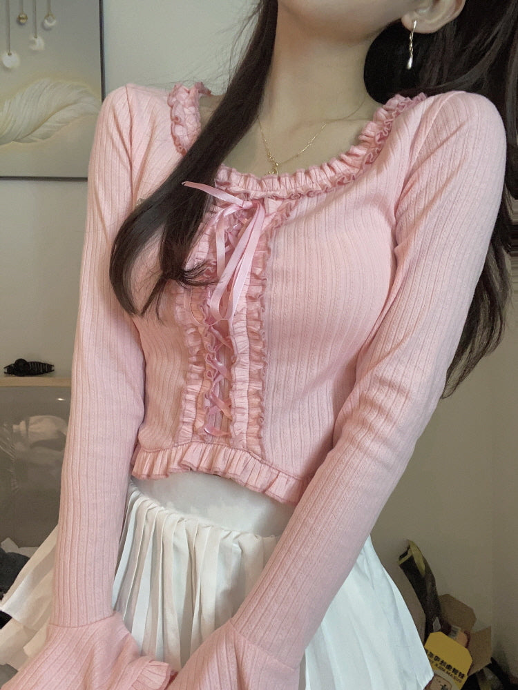 Rosy Ruffle Lace-Up Top