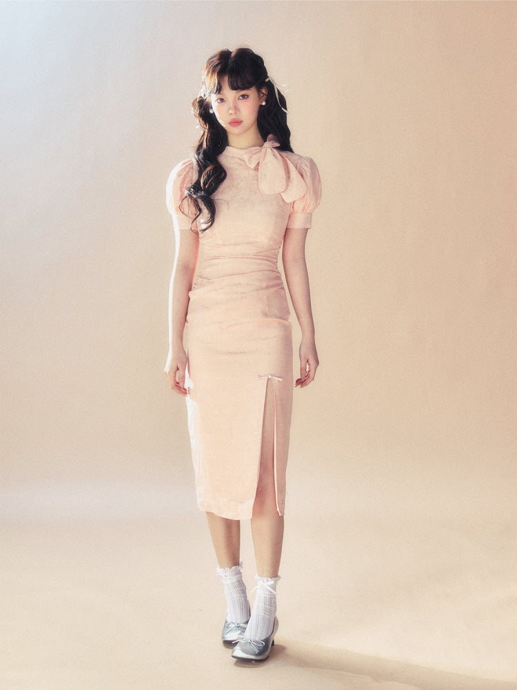 Vintage Bow Puff Sleeve Dress