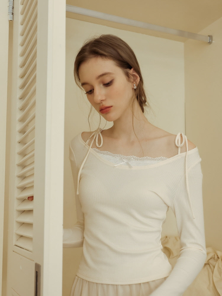 Lace Ribbon Off-Shoulder Knit Top