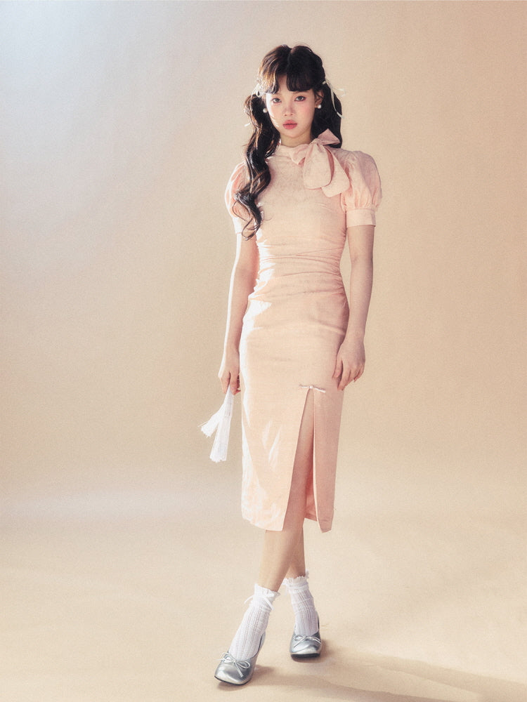 Vintage Bow Puff Sleeve Dress