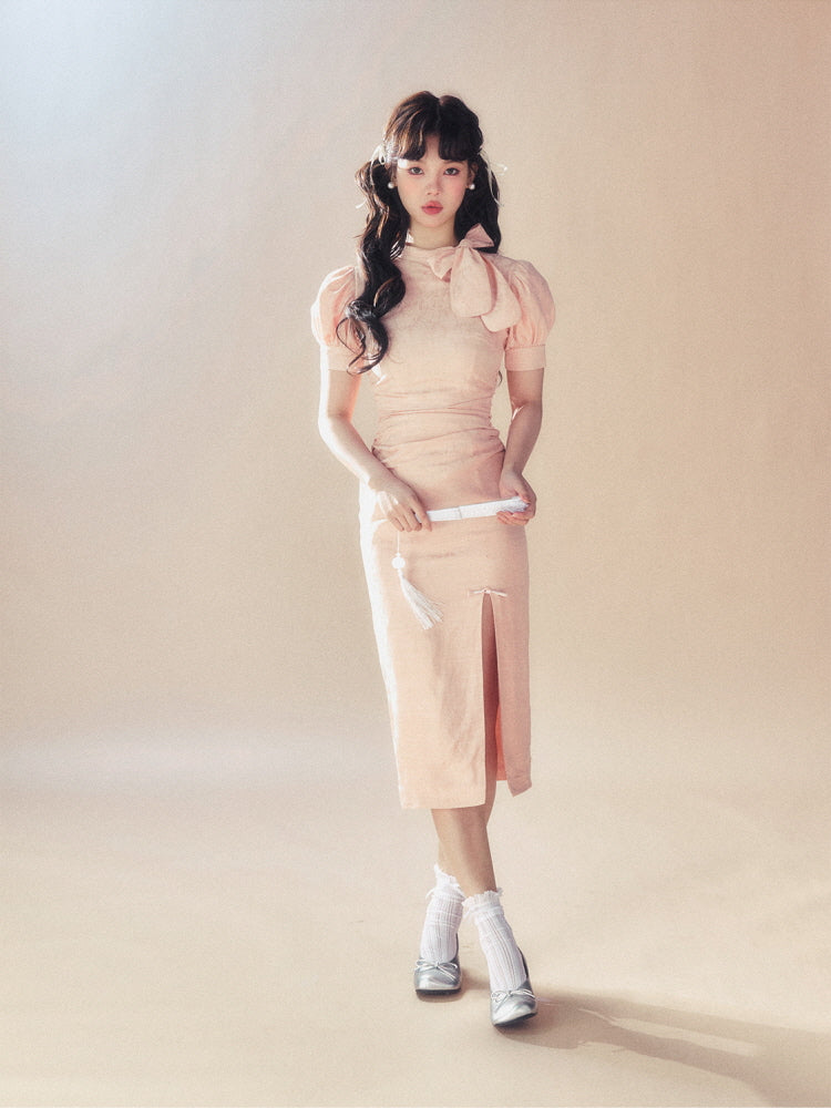 Vintage Bow Puff Sleeve Dress