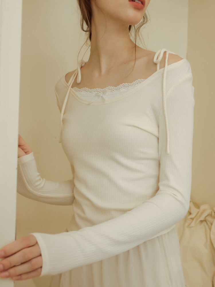 Lace Ribbon Off-Shoulder Knit Top