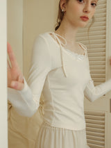 Lace Ribbon Off-Shoulder Knit Top