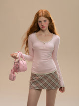 Pink Cozy Plaid Wool Mini Skirt