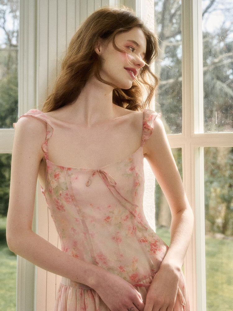 Rose Oil Painting Print Long Dress