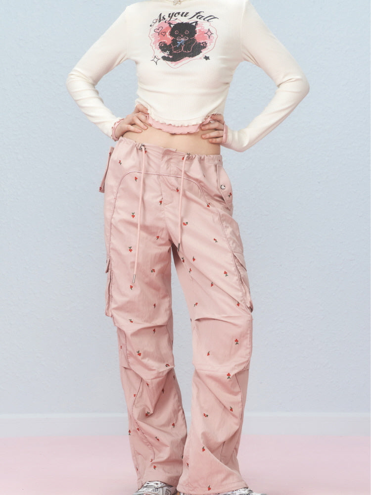 Cherry Blossom Embroidered Cargo Pants