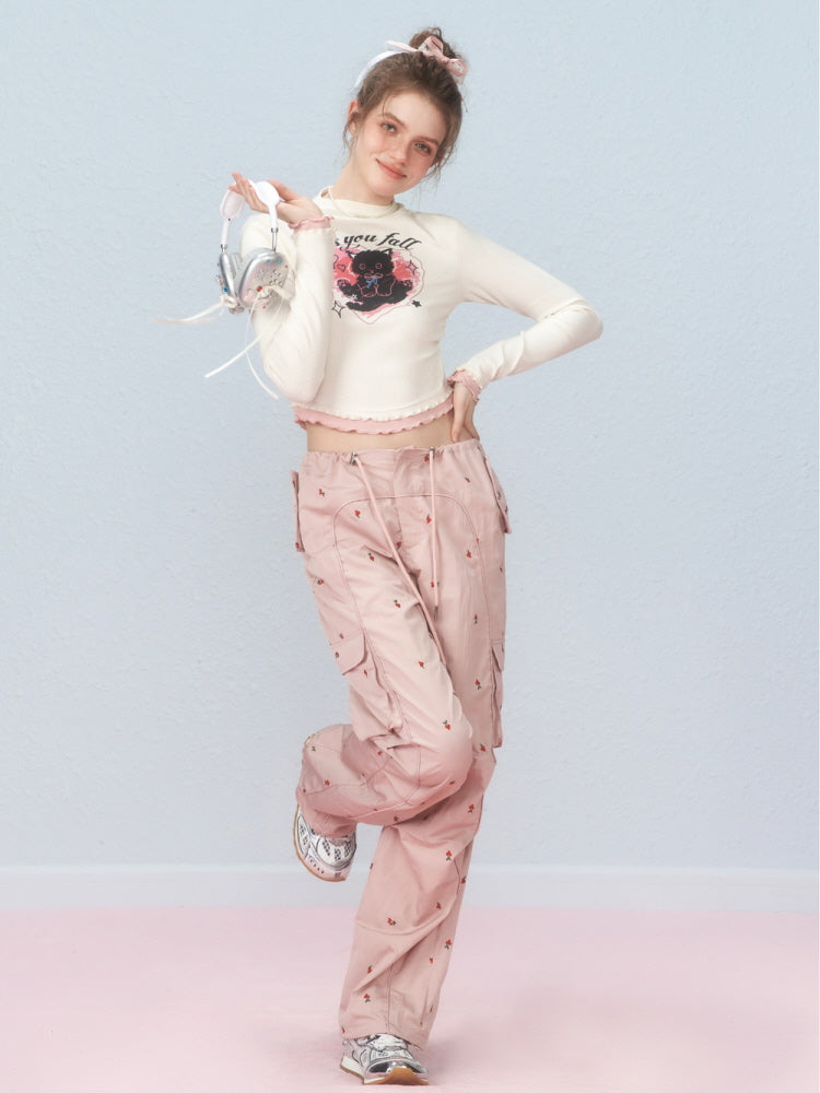 Cherry Blossom Embroidered Cargo Pants