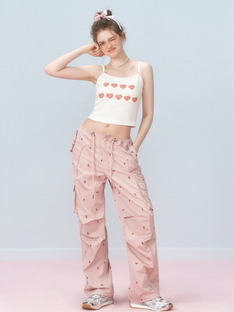 Cherry Blossom Embroidered Cargo Pants
